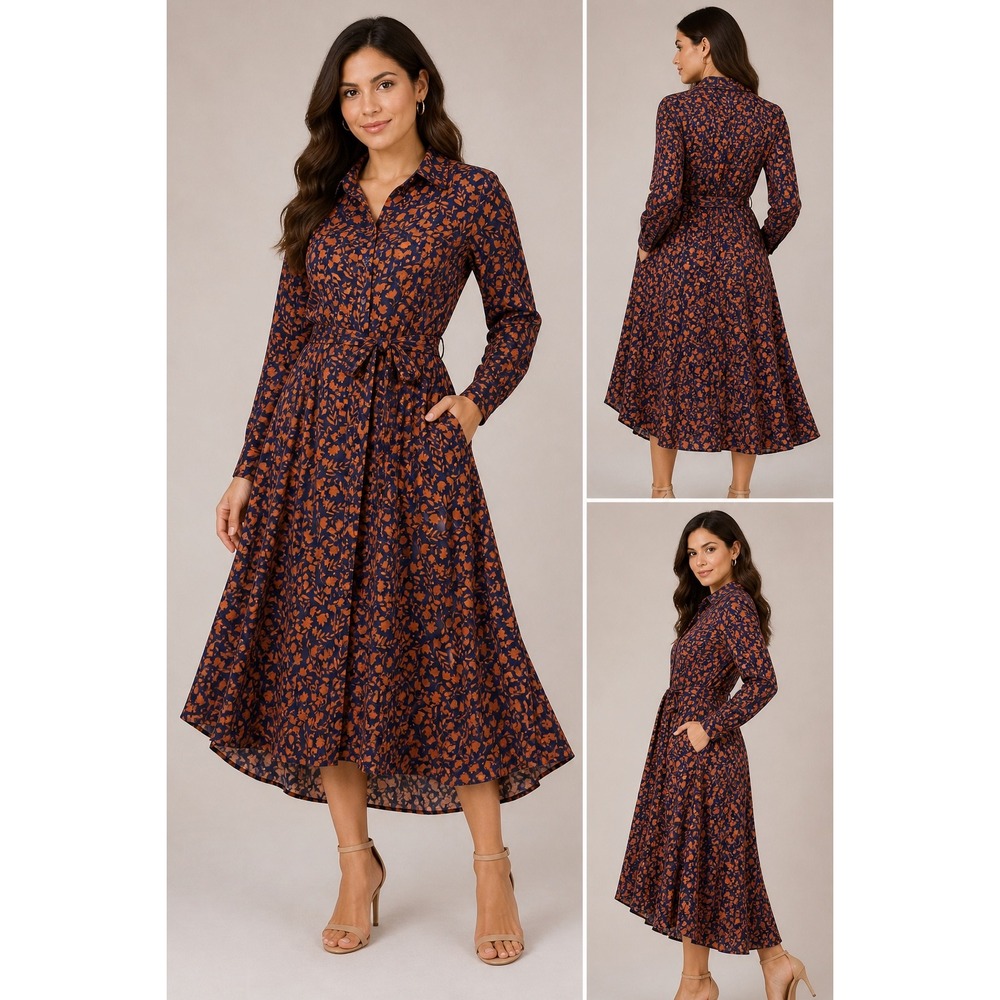 Eloquii Elements Womens 18 Navy Orange Floral Button Front Midi Shirt Dress Belt